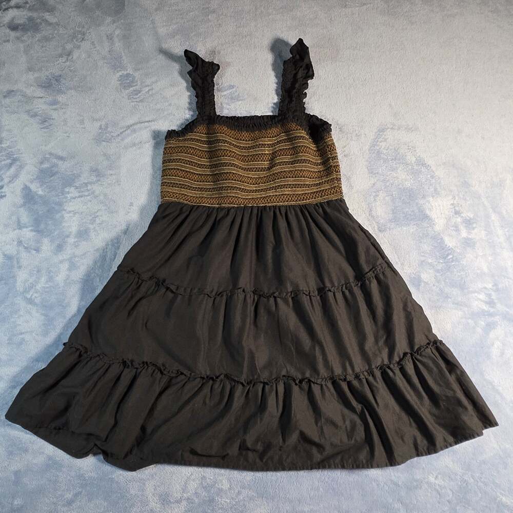 J. Crew Women’s Petite Large Black Gold Smocked Tiered Midi Dress Ruffle Strap